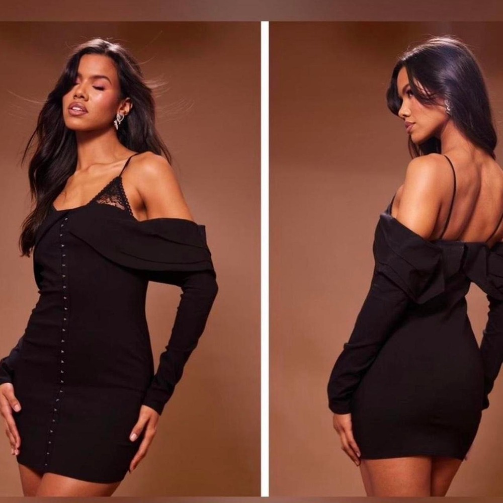 PrettyLittleThing Black Off-Shoulder Hook & Eye Mini Dress | Coquette Goth